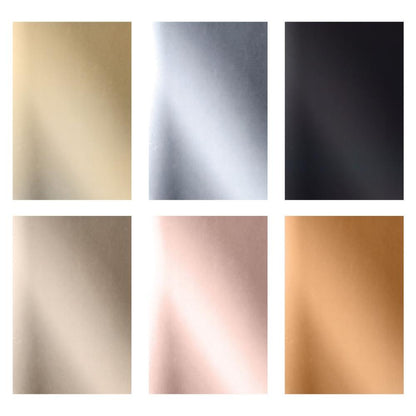 Examples of Metallic Classics - Kraft Stock Cardstock Idea-Ology Paper by Tim Holtz. Sheets of shiny smooth cardstock in gorgeous traditional metallic colours on Kraft (natural tan, brown) core. 24 Sheets, 6 Colours (4 of each) with a smooth very shiny finish. Sheet size is 6"x9" (15.24cm x 22.86cm). The top surface are coated with high gloss metallic shiny finish in the 'go with everything' colours of black, silver, gold, pewter, rose gold and copper. 