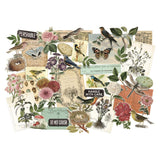 Organic Layers ... Idea-Ology Layers by Tim Holtz ... variety of vintage inspired die cut pieces of printed cardstock to use as embellishments for decorations, mixed media, cardmaking, papercraft, scrapbooking and visual arts. Overview scatter of all 45 (forty five) pieces. TH94316