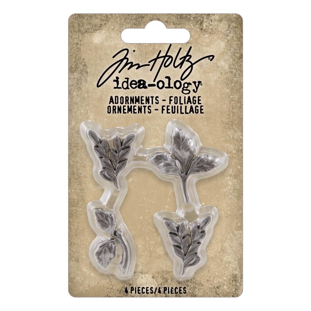 Foliage ... Idea-Ology Metal Adornments by Tim Holtz ... beautifully detailed silver coloured leaves made of metal to use as embellishments for display makes, mixed media, cardmaking, papercraft, scrapbooking and visual arts. 4 (four) pieces, 1 of each design.  TH94311