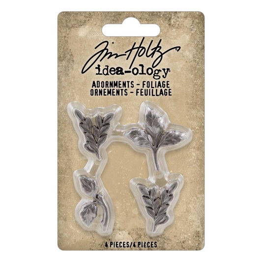 Foliage ... Idea-Ology Metal Adornments by Tim Holtz ... beautifully detailed silver coloured leaves made of metal to use as embellishments for display makes, mixed media, cardmaking, papercraft, scrapbooking and visual arts. 4 (four) pieces, 1 of each design.  TH94311