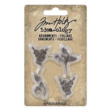 Foliage ... Idea-Ology Metal Adornments by Tim Holtz ... beautifully detailed silver coloured leaves made of metal to use as embellishments for display makes, mixed media, cardmaking, papercraft, scrapbooking and visual arts. 4 (four) pieces, 1 of each design.  TH94311