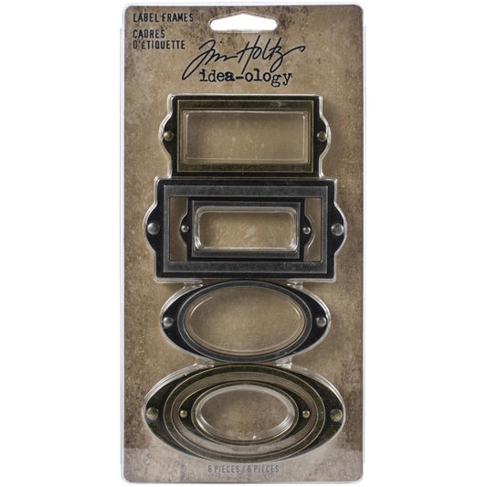 Label Frames ... Idea-Ology Adornments by Tim Holtz - 6 (six) metal frames, each in a different design and size, ovals and rectangles. Designed to be used as they are, with Chipboard Quotes (sold separately) or altered for cards, creative visual arts. TH94052