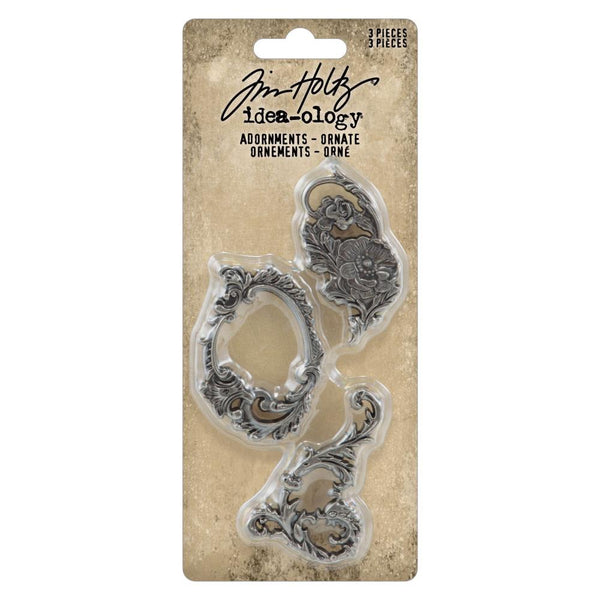 Ornate ... Idea-Ology Metal Adornments by Tim Holtz ... beautifully detailed silver coloured accents made of metal to use as embellishments for display makes, mixed media, cardmaking, papercraft, scrapbooking and visual arts. 3 (three) pieces.  TH94307