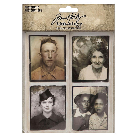 Photomatic ... Idea-Ology Layers by Tim Holtz ... photographic portraits from the past to use as embellishments for decorations, mixed media, cardmaking, papercraft, scrapbooking and visual arts. Each pair of photos is 2 1/4" x 5 3/8" long (30 pieces).  This beautiful collection of vintage photography features portraits of people in pairs and on their own, taken using a photo booth many moons ago. TH94310