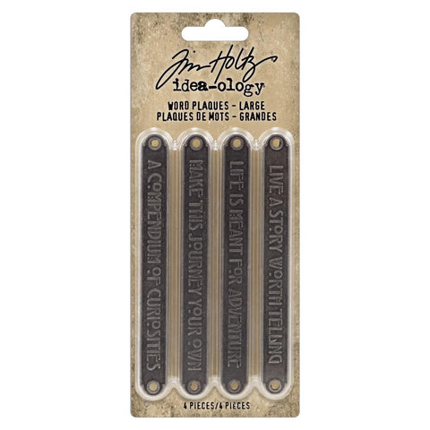 Word Plaques, Large ... Idea-Ology Metal Adornments by Tim Holtz ... beautifully made vintage silver coloured rectangle banners made of metal to use to add meaning to greeting cards and to use as embellishments in visual arts of all kinds. 4 (four) pieces. TH94329