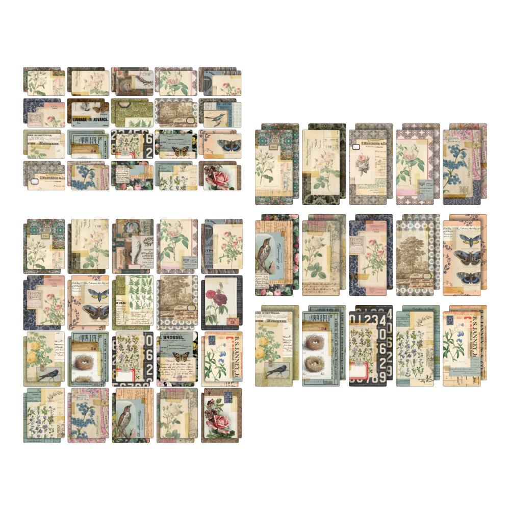 Pocket Cards, birds and flowers ... by Tim Holtz Idea-Ology - 55 (fifty five) printed cards featuring beautiful illustrations and artwork in the vintage floral and feathered variety.  These gorgeous Tim Holtz Pocket Cards are double-sided printed card stock with combined designs featuring vintage style illustrations. Use on cards, scrapbook pages, mini books and more for the perfect touch of nostalgia to your next make.   Card sizes : (20) 3x2 inch cards, (15) 3x6 inch cards, and (20) 3x4 inch cards.