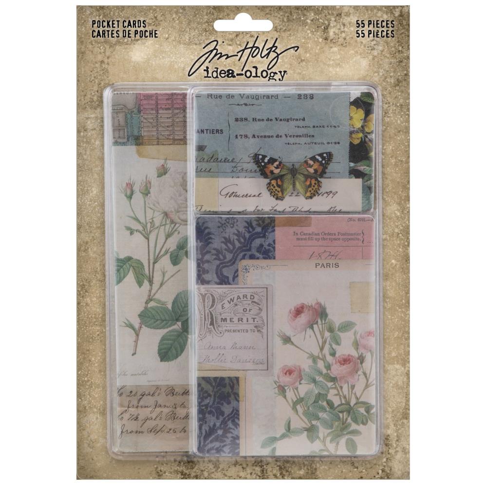 Pocket Cards, birds and flowers ... by Tim Holtz Idea-Ology - 55 (fifty five) printed cards featuring beautiful illustrations and artwork in the vintage floral and feathered variety.  These gorgeous Tim Holtz Pocket Cards are double-sided printed card stock with combined designs featuring vintage style illustrations. Use on cards, scrapbook pages, mini books and more for the perfect touch of nostalgia to your next make.   Card sizes : (20) 3x2 inch cards, (15) 3x6 inch cards, and (20) 3x4 inch cards.