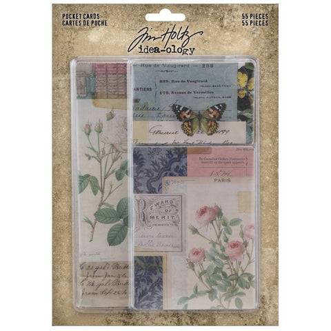 Pocket Cards, birds and flowers ... by Tim Holtz Idea-Ology - 55 (fifty five) printed cards featuring beautiful illustrations and artwork in the vintage floral and feathered variety.  These gorgeous Tim Holtz Pocket Cards are double-sided printed card stock with combined designs featuring vintage style illustrations. Use on cards, scrapbook pages, mini books and more for the perfect touch of nostalgia to your next make.   Card sizes : (20) 3x2 inch cards, (15) 3x6 inch cards, and (20) 3x4 inch cards.