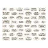 Chipboard Quote Chips ... Idea-Ology by Tim Holtz ... variety of messages and sayings printed on various shaped baseboard pieces, to use as embellishments for decorations, mixed media, cardmaking, papercraft, scrapbooking and visual arts. Photo of the 48 (forty eight) pieces. TH94320
