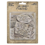 Chipboard Quote Chips ... Idea-Ology by Tim Holtz ... variety of messages and sayings printed on various shaped baseboard pieces, to use as embellishments for decorations, mixed media, cardmaking, papercraft, scrapbooking and visual arts. 48 (forty eight) pieces. TH94320