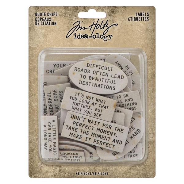 Chipboard Quote Chips ... Idea-Ology by Tim Holtz ... variety of messages and sayings printed on various shaped baseboard pieces, to use as embellishments for decorations, mixed media, cardmaking, papercraft, scrapbooking and visual arts. 48 (forty eight) pieces. TH94320