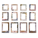 Collage Frames - Idea-Ology Layers ... by Tim Holtz ... beautiful rectangle frames in floral and vintage designs, machine sewn edge just inside the outer frame, and rectangular cutout window for your own artwork or photos. 12 (twelve) frames, 3 (three) sizes, one of each design.  TH94318. Photo of all the designs.