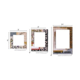 Collage Frames - Idea-Ology Layers ... by Tim Holtz ... beautiful rectangle frames in floral and vintage designs, machine sewn edge just inside the outer frame, and rectangular cutout window for your own artwork or photos. 12 (twelve) frames, 3 (three) sizes, one of each design.  TH94318. Photo of the dimensions.