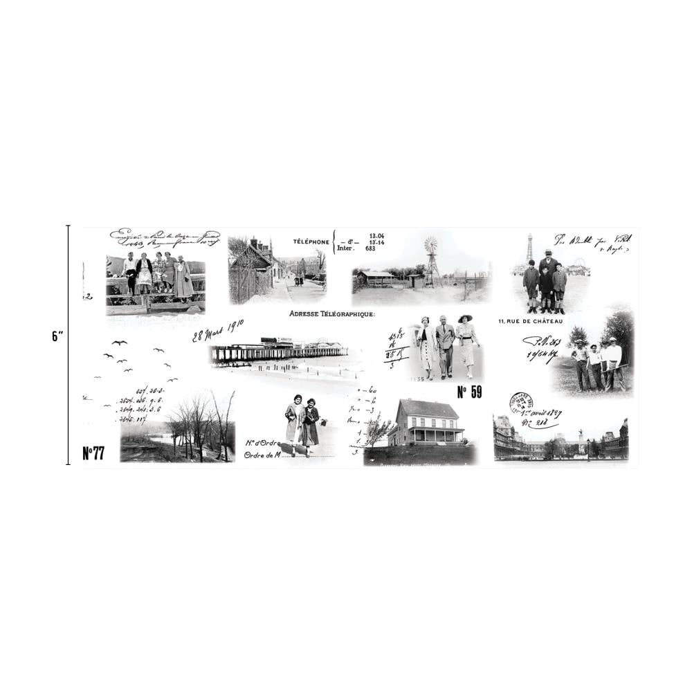 Photographic - Collage Tissue Paper by Tim Holtz Idea-Ology. 6" wide roll, 6 yards long fine white translucent tissue paper printed with black and white vintage photos. This roll of fine tissue paper features vintage photography of cityscapes, landscapes, portraits, still life, scripts and more, printed in black and white. TH94319. Photo showing dimension.