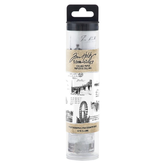 Photographic - Collage Tissue Paper by Tim Holtz Idea-Ology. 6" wide roll, 6 yards long fine white translucent tissue paper printed with black and white vintage photos.  This roll of fine tissue paper features vintage photography of cityscapes, landscapes, portraits, still life, scripts and more, printed in black and white. TH94319