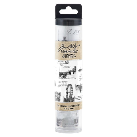 Photographic - Collage Tissue Paper by Tim Holtz Idea-Ology. 6" wide roll, 6 yards long fine white translucent tissue paper printed with black and white vintage photos.  This roll of fine tissue paper features vintage photography of cityscapes, landscapes, portraits, still life, scripts and more, printed in black and white. TH94319
