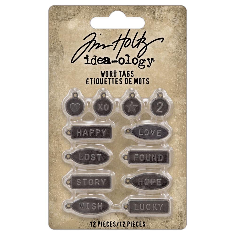 Word Tags ... Idea-Ology Metal Adornments by Tim Holtz ... variety of symbols and words on little metal tags to use as embellishments for decorations, mixed media, cardmaking, papercraft, scrapbooking and visual arts. 12 (twelve) charms and labels (one of each design). TH94330.