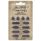 Word Tags ... Idea-Ology Metal Adornments by Tim Holtz ... variety of symbols and words on little metal tags to use as embellishments for decorations, mixed media, cardmaking, papercraft, scrapbooking and visual arts. 12 (twelve) charms and labels (one of each design). TH94330.