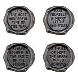 Quote Seals, Christmas - Metal Adornments ... by Tim Holtz Idea-Ology - Use for cardmaking, mixed media, assemblage projects, off-the-page marvels and party decor. 4 (four) pieces, 1 (one) of each design.   The wonderful vintage styling of this embellishment designed by Tim Holtz mimics the shape of a wax seal but in silver coloured metal. 