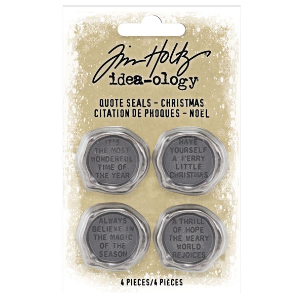 Quote Seals, Christmas - Metal Adornments ... by Tim Holtz Idea-Ology - Use for cardmaking, mixed media, assemblage projects, off-the-page marvels and party decor. 4 (four) pieces, 1 (one) of each design.   The wonderful vintage styling of this embellishment designed by Tim Holtz mimics the shape of a wax seal but in silver coloured metal. 
