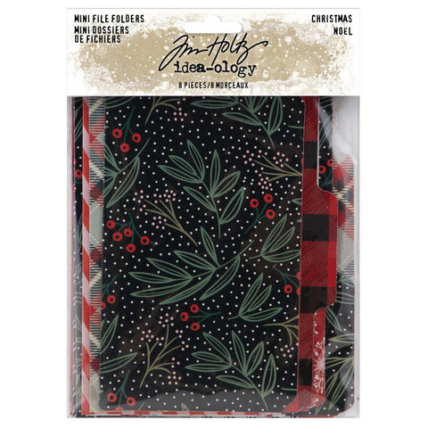 Mini File Folders, Christmas ... by Tim Holtz Idea-Ology - 8 (eight) folded heavyweight cards, printed with vintage Christmas and festive season designs (foliage, plaid, woodgrain, berries, stripes) in reds, greens, blacks and white, featuring die cut corners and tabs. 