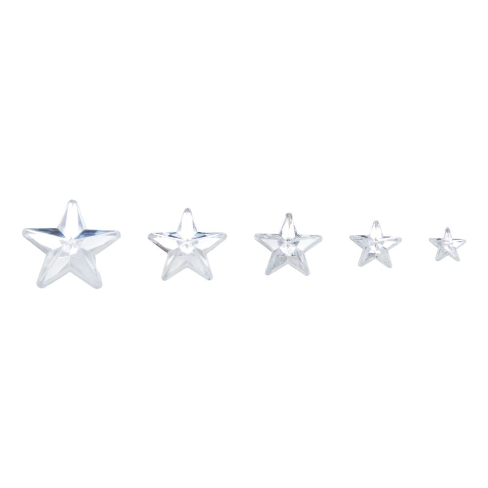 photo of the 5 sizes of stars in the Mirrored Stars - by Tim Holtz Idea-Ology, Christmas ... tiny to medium sized dimensional stars with faceted shapes and mirror backing. Very shiny and pretty! Pack contains 70 (seventy) 5-pointed stars in a variety of sizes.