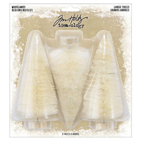 Woodland Trees, 5 inch tall - by Tim Holtz Idea-Ology ... for decorations, displays and ornaments, mixed media, cardmaking, papercraft, scrapbooking and fun creativity. Pack of 3 (three) natural bristle trees with wire trunk and wooden base.