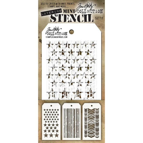 Set 11 - Mini Layering Stencils by Tim Holtz ... 3 (three) designs - Stars, Stripes, Chevron. One of each, approx 8cm x 16cm in size. (MST011) by Stampers Anonymous.   A versatile set of three small stencils (8cm x 16cm tag) featuring a background of 5-pointed stars of 2 sizes, in 2 areas, large and small (Stars), inky lines of varying thickness down the length of the area (Stripes), arrows of various thickness in 3 sizes (smallest, large, small) pointing down the area (Chevron). 
