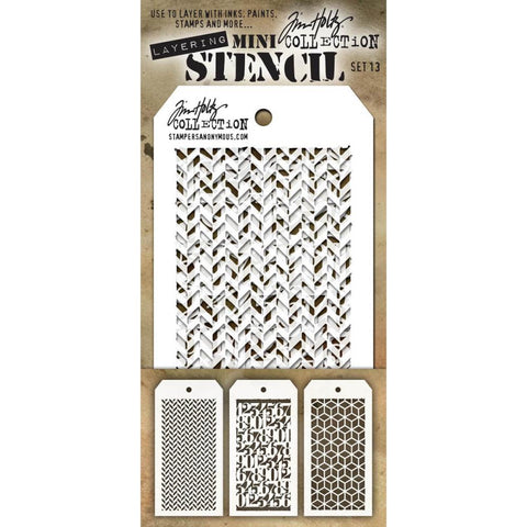 Set 13 - Mini Layering Stencils by Tim Holtz ... 3 (three) designs - Herringbone, Countdown, Blocks. One of each, approx 8cm x 16cm in size. (MST013) by Stampers Anonymous.   A versatile set of three small stencils (8cm x 16cm tag) featuring a traditional woven fabric pattern of short diagonal lines (Herringbone), rows of numerals (1 to 0) in a thick serif font repeated continuously down the area (Coundtown), pattern of lines drawn in a way they appear to be cubes (Blocks). 