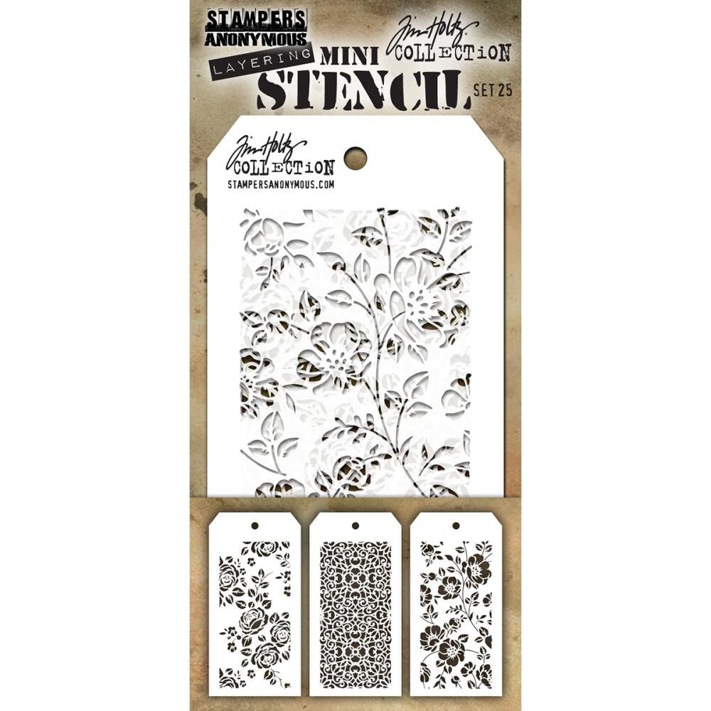 Roses - Ornate - Floral ... Set no. 25 - Tim Holtz Layering Mini Stencils.  Each stencil is 8cm x 16cm with a design space of approx 6cm x 12.5cm. Pack of 3, one of each design.   Roses features the delicate design of rose flowers and leaves, Ornate is a stunning design of intricate circles and curls, set out like 2 mandalas merging together, Floral features beautiful flowers and leaves.