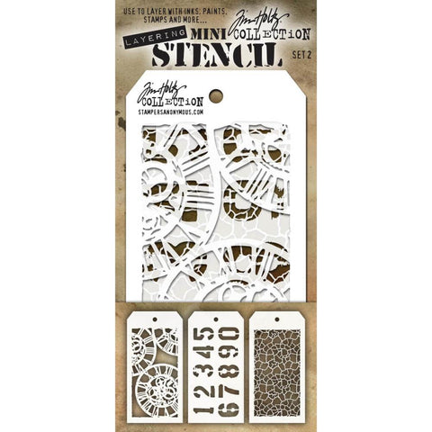 Set 2 - Mini Layering Stencils by Tim Holtz ... 3 (three) designs - Clockwork, Numbered, Crackle. One of each, approx 8cm x 16cm in size. (MST002) by Stampers Anonymous.   A versatile set of three small stencils (8cm x 16cm tag) featuring clockfaces with roman numerals (Clockwork), rustic numbers (1 2 3 4 5 6 7 8 9 and 0) in a traditional stencil-style font (Numbered), pattern of rugged cracks and fine lines over the whole area (Crackle).