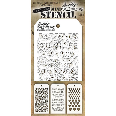 Set 6 - Mini Layering Stencils by Tim Holtz ... 3 (three) designs - Clockwork, Numbered, Crackle. One of each, approx 8cm x 16cm in size. (MST006) by Stampers Anonymous.   A versatile set of three small stencils (8cm x 16cm tag) featuring beautiful crochet daisy or rosette lace doilies (Lace), words of love in an uppercase simple font (Valentine), rows of heart shapes in two sizes, small at the top, larger at the bottom area of the stencil (Hearts). 