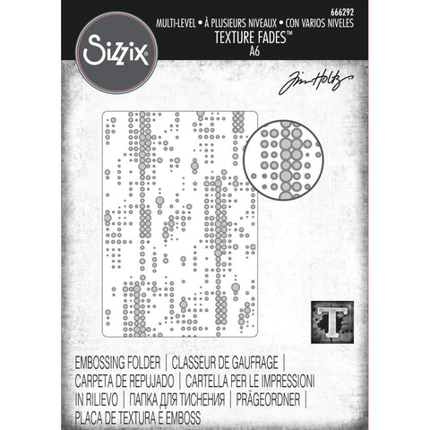 Dotted - Multi Layered Texture Fades Embossing Folder ... by Tim Holtz and Sizzix (no.666292).    This fantastic layered embossing folder creates tiny spots and dots in rows and groups over the whole surface of the folder, created with different heights to give fabulous dimension. 