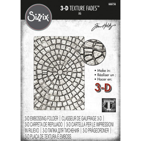 Mosaic - 3D Texture Fades Embossing Folder ... by Tim Holtz and Sizzix (no.666156).    This beautiful embossing folder design features realistic pavers (bricks) in a mosaic pattern. It starts in the centre with a small round brick which is circled with triangles and rectangles to form a ring, then another circle of bricks is around this and so on until the whole background is filled with little tiles of similar size, finishing with the wonderful mosaic circular design. 