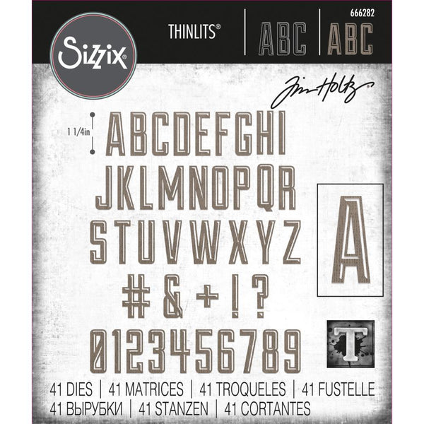 Emporium, Alphanumeric ... Thinlits - Die Cutting Templates by Tim Holtz and Sizzix (no. 666282).  This stylish set includes uppercase alphabet, numbers and punctuation is the style of tall block typeface (condensed sans serif) with 3D shadow effects. Emporium Alphanumeric Thinlits is 1 1/4" tall and includes the letters A to Z, 0 to 9, plus a hashtag, ampersand (and), plus sign, exclamation mark and question mark (one of each).