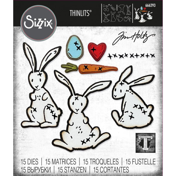 Bunny Stitch ... Thinlits - Die Cutting Templates by Tim Holtz and Sizzix (no. 666293).  Create a whole family of fabulous rabbits with eggs, hearts and carrots using this wonderful crafty set which also includes a spare row of stitching. The bunnies are designed in the style of handstitched soft toys with multiple layers and rustic stitches (x's and +'s). Have fun :)