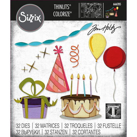 Celebrate ... Colorize Thinlits - Die Cutting Templates by Tim Holtz and Sizzix (no. 666285).   Celebrate in style with this set of Tim Holtz Thinlits featuring balloons, streamers, cake, candles, gifts, sparkles and ribbons. Image of the cover.