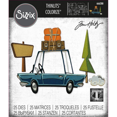 Road Trip ... Colorize Thinlits - Die Cutting Templates by Tim Holtz and Sizzix (no. 666288).   Create your own adventure with this Tim Holtz Thinlits set featuring a retro cartoon inspired car (with tall open windows, steering wheel, bumpers and hubcaps), luggage (suitcase and parcel), tree, signpost and little cloud. 