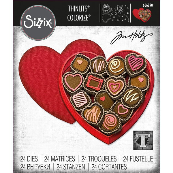 True Love ... Colorize Thinlits - Die Cutting Templates by Tim Holtz and Sizzix (no. 666290).   Create cards, journal pages, scrapbooking memories, little heart shaped gifts and more with this wonderful set of paper chocolates (or iced cookies, biscuits) and loveheart box base.