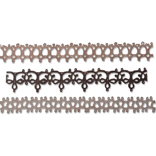 Crochet (set 2) Thinlits Die Cutting Templates by Tim Holtz and Sizzix (no.664413). No need to crochet your paper edging anymore... this set of 3 (three) templates will do the work for you. With 3 intricately designed strips, you can add the look of crochet to all your crafty projects. At closer inspection, it looks more like tatting or bobbin lace work. Whatever you call them, they're so pretty! Overview.