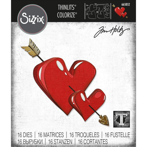 Lovestruck (hearts and arrow)  ... Thinlits - Colorize Die Cutting Templates by Tim Holtz and Sizzix (no. 665852).   With this fantastic set of eight hearts and long arrow (with a feathered end and metal point), you could create with many variations of hearts and Tim's Lovestruck design of an arrow shooting through two hearts. Add to tags, journals, greeting cards, display makes, scrapbook pages ... tell your loved one they're your favourite every day, not only on Valentine's day!