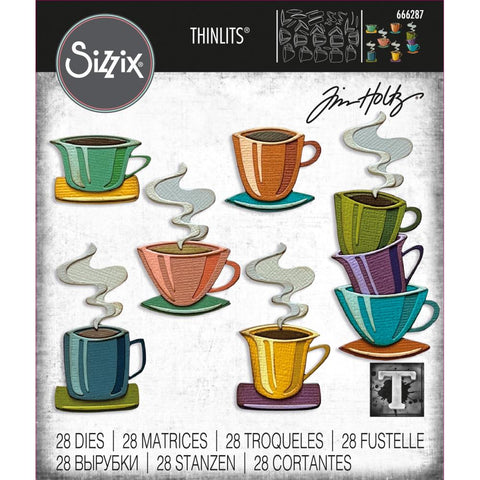 Papercut Cafe ... Thinlits - Die Cutting Templates by Tim Holtz and Sizzix (no. 666287).  Create your own set of coffee mugs, tea cups, saucers, little plates, coasters, complete with swirl of steam! Cut them out and stack them high, line up on shelves, create a little picnic scene... follow your heart and enjoy brewing up amazing makes!