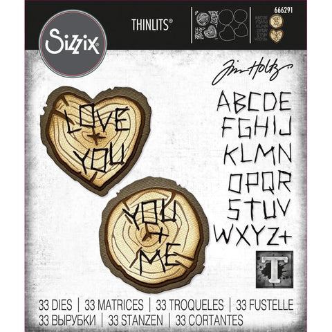 Wood Slice ... Thinlits - Die Cutting Templates by Tim Holtz and Sizzix (no. 666291).  This wonderful pair of realistic timber slices, one round and one heart shaped, has bark edging and rings marked. Add your messages of love and inspiration using the fun wonky twig styled lettering. Uppercase alphabet with a plus sign. 