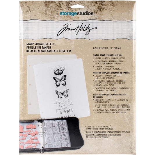 Stamp Storage Pocket Pages - Tim Holtz ... 8 (eight) clear pockets for storing clear and rubber stamps, journal fodder and other flat items. Each page is (approx) 7" x 8.5" (17.78cm x 21.59cm), with handy holes on the long edge.

Simple storage solution for (not wood mounted) cling stamps, whether rubber, clear acrylic or polymer. Organise all your loose stamps so they are easy to find and therefore use. 