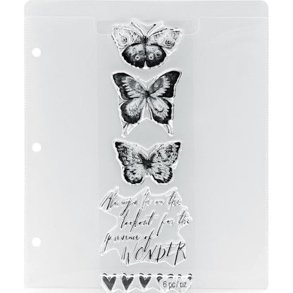 example of use for Stamp Storage Pocket Pages - Tim Holtz ... 8 (eight) clear pockets for storing clear and rubber stamps, journal fodder and other flat items. Each page is (approx) 7" x 8.5" (17.78cm x 21.59cm), with handy holes on the long edge.

Simple storage solution for (not wood mounted) cling stamps, whether rubber, clear acrylic or polymer. Organise all your loose stamps so they are easy to find and therefore use, stamps not included