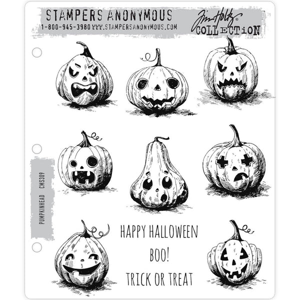 Pumpkinhead - 11 (eleven) rubber stamps by Tim Holtz (cms309) ... 8 pumpkins and 3 sayings.  These wonderfully drawn, fun veggie characters will make a fantastic addition to any artwork, mixed media art, greeting card for halloween, scrapbook page or craft project. These friendly pumpkins aren't just for halloween, they're for all year round :)  Use one to create a Pumpkin King, stack of veggies with the grumpies at the base, or anything else you can dream up! These pumpkins are just oodles of fun!