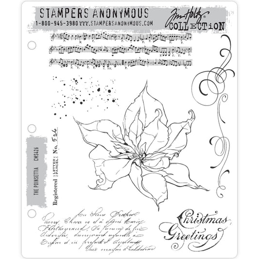 The Poinsettia ... rubber stamps by Tim Holtz and Stampers Anonymous (CMS426). 7 (seven) designs.   A beautiful poinsettia with musical background piece, scrollwork, script, writing and other wonderful stamps for the festive season.  We have a small poinsettia tree in the garden, its not big but it flowers a few times a year so I figure we can use it for birthdays and other occasions too, its such a beautiful plant!