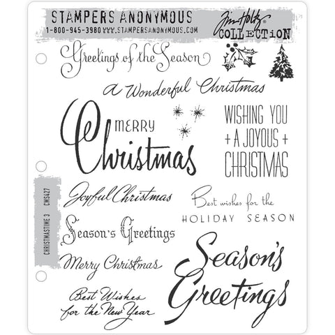 Christmastime 3 (set no.3) ... by Tim Holtz and Stampers Anonymous (cms427). 12 (twelve) Christmas inspired red rubber stamps for celebrating and creating cards, tags, mixed media, journaling, visual arts and papercrafts.   A wonderful seasonal collection of different ways to tell loved ones to have a joyous, love filled peaceful Christmas. This set also includes a sprig of holly, small tree and stars, perfect to add to envelopes or anywhere else. 