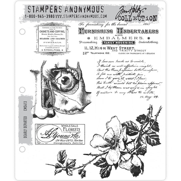 Dearly Departed ... 6 (six) rubber stamps by Tim Holtz and Stampers Anonymous (CMS413). Beautiful briar rose with labels, half a face and script background. 
