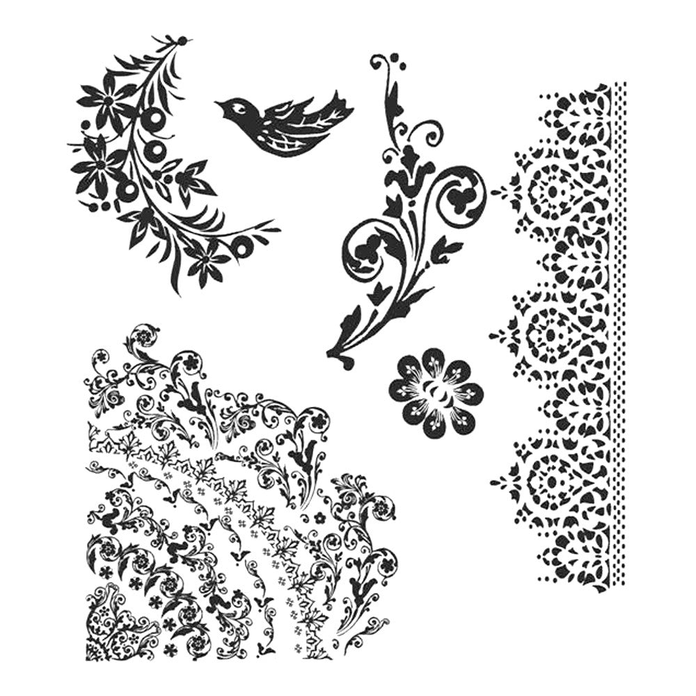 Floral Tattoo ... rubber stamps by Tim Holtz and Stampers Anonymous. Beautiful shabby chic style designs of lace, foliage, botanical elements and a stylized flying bird. 6 (six) stamps (cms059). Create journals, books, pages, cards, scrapbooking albums and more using this beautiful selection of ornate designs. Use a gel printing plate, clear acetate or tissue to enable the little bird to fly in the opposite direction :) Sizes (approx) : Lace edging on the right is 13cm long, Lace corner is approx 8cm x 8.